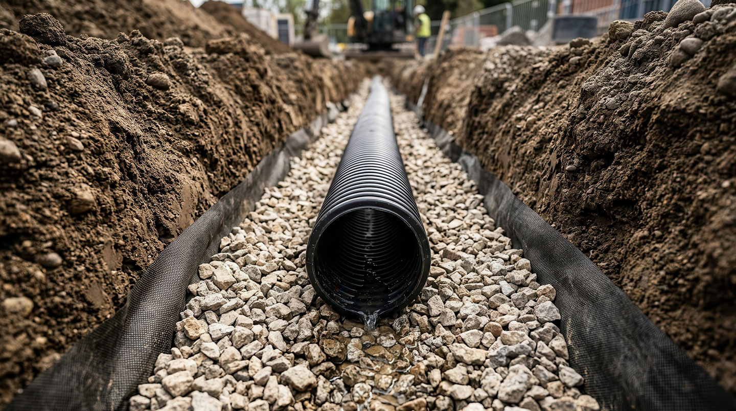 Installation d'un drain français le long d'une fondation résidentielle, montrant le tuyau perforé noir, la membrane géotextile et le gravier de drainage
